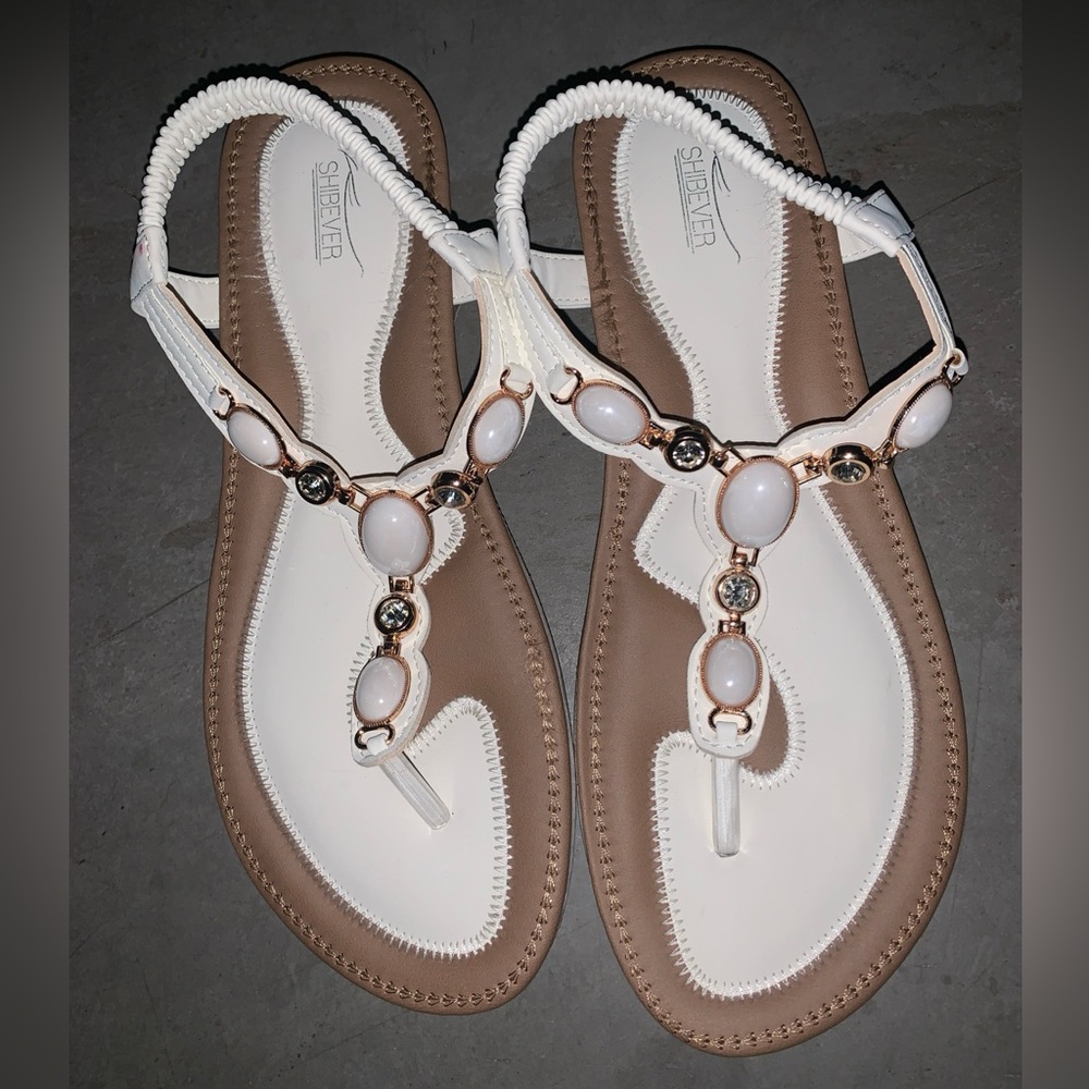 Elegant White and Tan Sandals with Gemstone Details